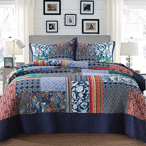 California King Quilt Set Reversible Lightweight Bohemian Paisley Patchwork Cotton Quilted Bedspread Coverlet Set 3