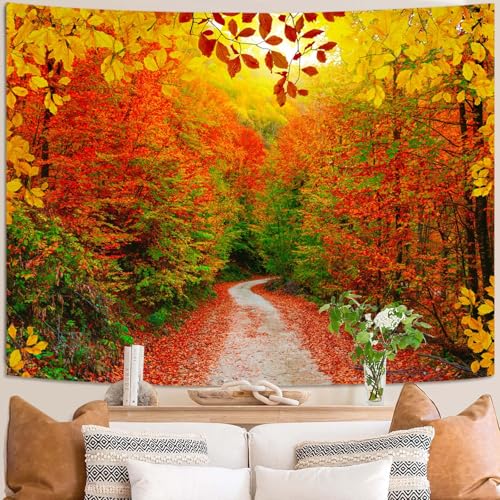 Autumn Forest Tapestry Nature Fall Tree Thanksgiving Tapestry for Bedroom Aesthetic Autumn Path Yellow Red Fallen Leaves Landscape Tapestries Wall Hanging for Living Room Dorm 80 x 60 Inch