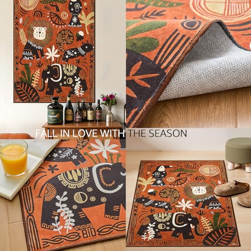5x7 Cute Area Rug Kids Washable Fun Rug Terracotta Boho Jungle Mat (35 Sq Ft)
