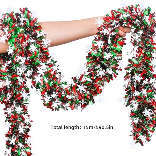 50 Feet Green Red Christmas Metallic Tinsel Twist Hanging Garland with Snowflake for Home Mantle Xmas Tree Staircase Railing New Year Holiday Party Indoor Outdoor Decorations (50 Foot)