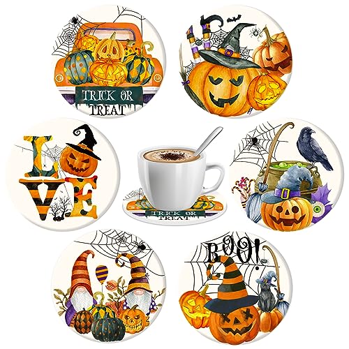 6Pcs Halloween Coasters Watercolor Ceramic Coasters Pumpkin Gnome Pattern Drink Coaster Cup Mat for Table Room Decor Party Supplies (6 Count)
