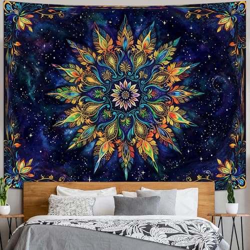 Boho Floral Mandala Tapestry for Bedroom Aesthetic Blue Bohemian Colorful Flower Wall Tapestry Purple Hippie Indian Large Tapestries Wall Hanging for Living Room Dorm Decor 80 x 60 Inch