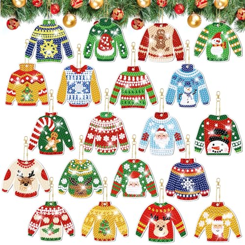 20 Pcs Christmas Diamond Painting Keychain Kits 5D DIY Diamond Art Pendants Double Sided Hanging Key Chains for Christmas Party Decoration DIY