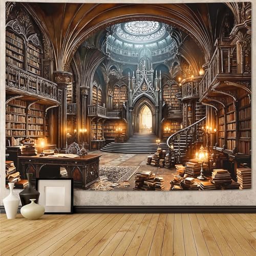 Gothic Library Tapestry Medieval Bookshelf Tapestries Wall Hanging Goth Vintage Dark Academia Hall Book Library Backdrop Large Tapestry for Bedroom Living Room Dorm Classroom 80 x 60 inch