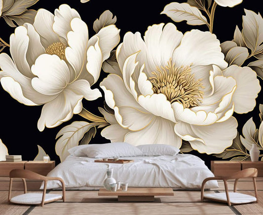 Vintage Peony Buds and Leaves Floral Seamless Pattern Wallpaper for Bedroom