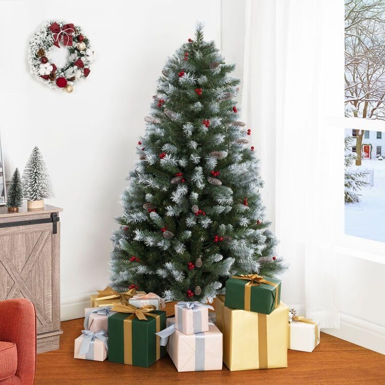 4.5ft Snow Flocked Spruce Christmas Tree with 200 Warm Lights and Metal Stand