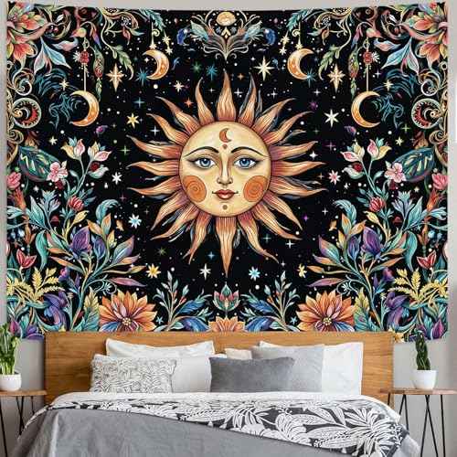 Sun and Moon Tapestry Hippie Boho Floral Wall Tapestry for Bedroom Aesthetic Colorful Flowers Vintage Celestial Botanical Plant Large Tapestries Wall Hanging for Living Room Dorm 80 x 60 Inch