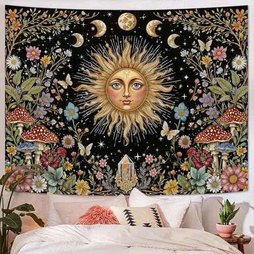 Boho Sun and Moon Tapestry Hippie Mushroom Floral Wall Tapestry for Bedroom Aesthetic Moon Phase Vintage Plant Celestial Small Tapestries Wall Hanging for Living Room Dorm 48 x 36 Inch