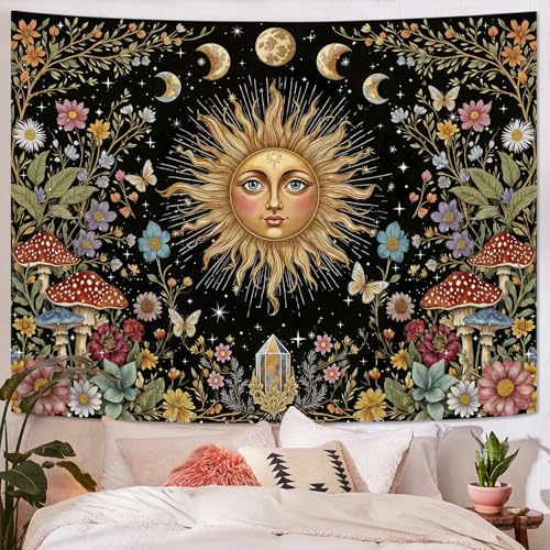 Boho Sun and Moon Tapestry Hippie Mushroom Floral Wall Tapestry for Bedroom Aesthetic Moon Phase Vintage Plant Celestial Large Tapestries Wall Hanging for Living Room Dorm 80 x 60 Inch