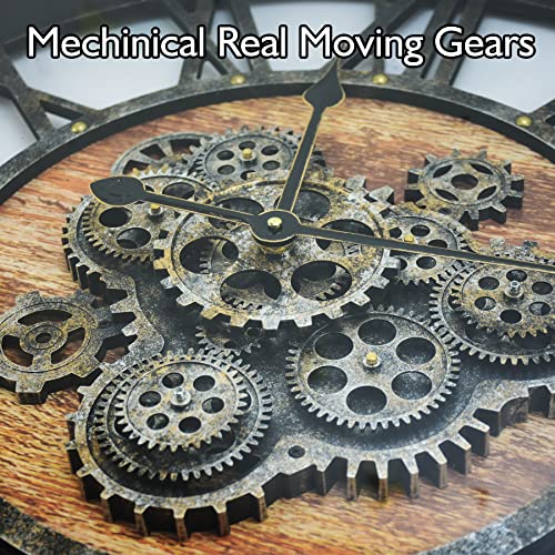 30'' Large Wall Clock Real Moving Gears Oversized Industrial Solid Wood Rusic Farmhouse Clocks for Living Room Wall Decor Home Office