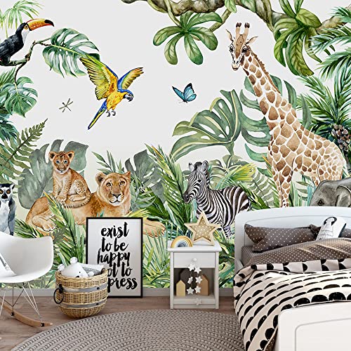 Safari Wallpaper for Children with Animals Jungle Wall Mural Watercolor Animals Nursery Wallpaper Kids Room Decor (120.75 Sq Ft)