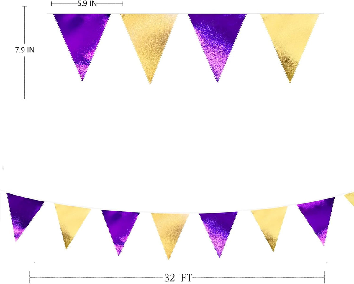 Purple and Gold Party Decorations Metallic Fabric Triangle Pennant Banner Flag Bunting Garland for Graduations Birthday Retirement Wedding Baby Shower Bachelorette Halloween Outdoor Party Supplies - HavenBliss Decor