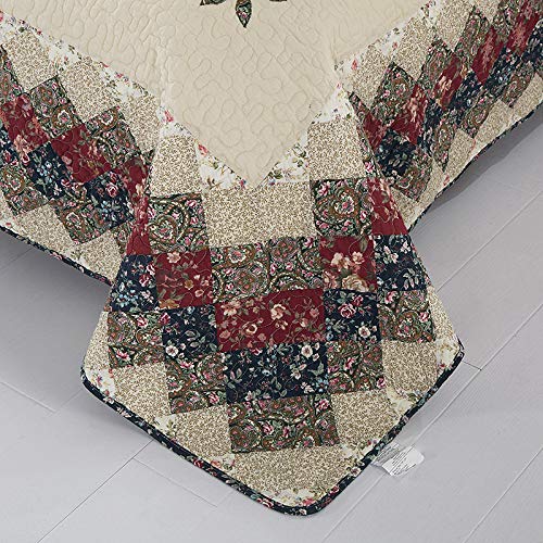 Floral Patchwork Quilt Set Queen Size Authentic Embroidered Stitching Bedspread Coverlet 100% Cotton Beige French Country Reversible Bed Cover Set Soft Breathable Cotton Comforter Cover (3 Piece Set)