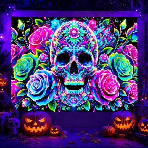 Blacklight Tapestry Floral Skull Room Decor 78 x 59 Inch