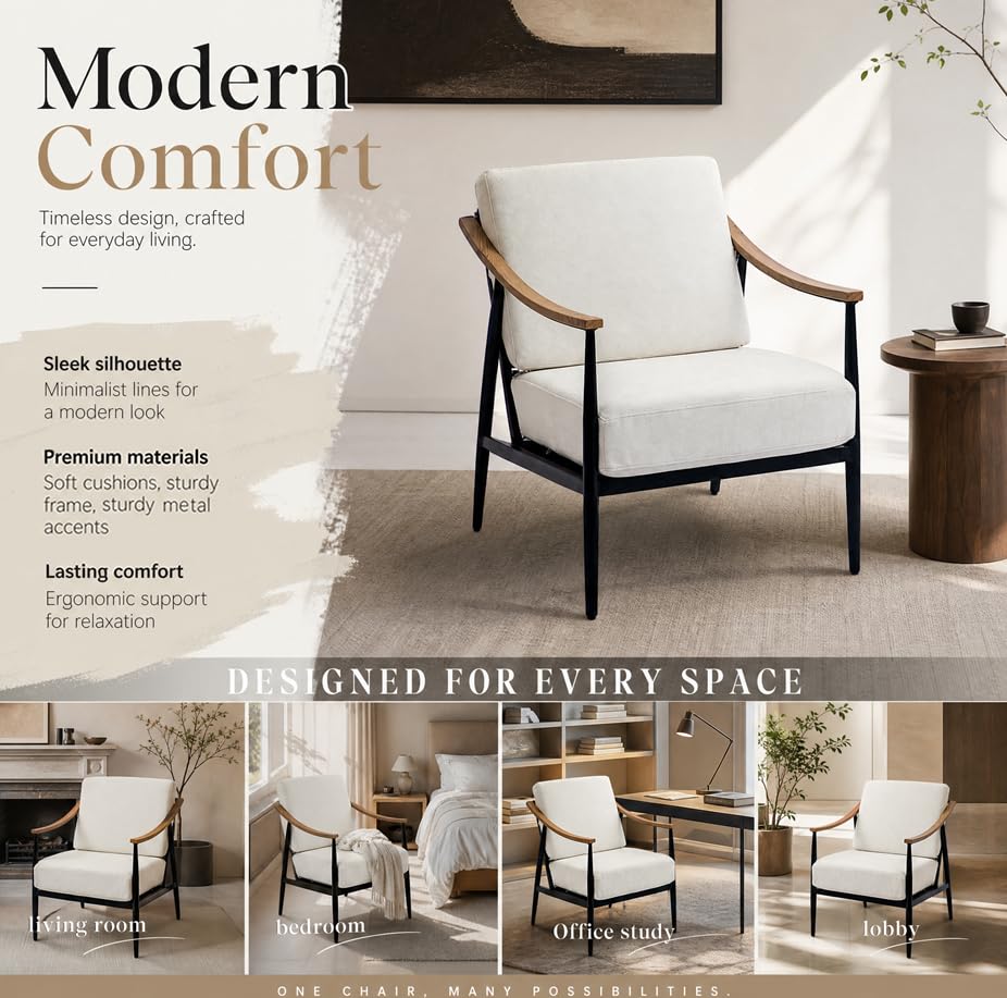 Modern Accent Chair for Living Room Bedroom Mid Century Arm Chair Upholstered Office Accent Chair Comfy Waiting Room Chair with Metal Frame