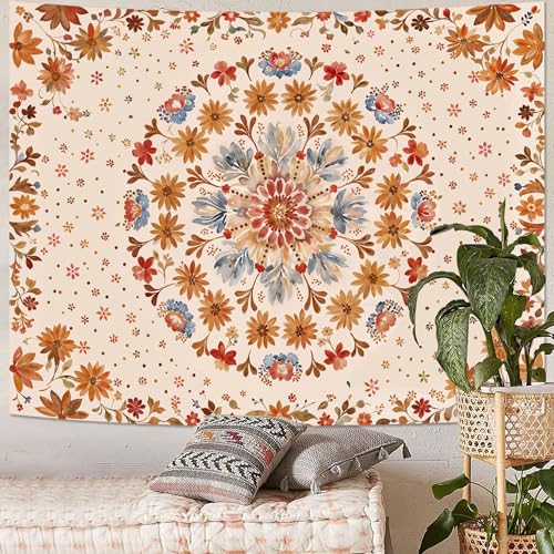 Boho Floral Mandala Tapestry Wall Hanging Watercolor Bohemian Flower Medallion Tapestry Aesthetic Beige Orange Hippie Indian Small Tapestries for Bedroom Living Room Dorm Decor 60 x 44 Inch