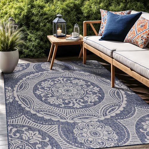 Medallion Outdoor Rug 8x10 Washable Outside Carpet for Indoor Patio Porch Waterproof Easy Cleaning Non Shedding Area Rugs Blue 8 x 10