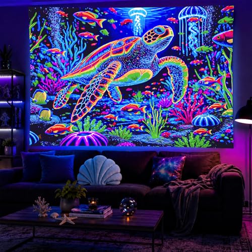 Blacklight Tapestry Sea Turtle Neon Decor 51 x 78 Inch