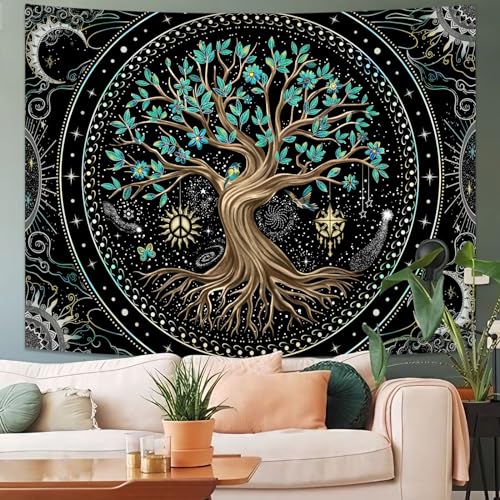 Tree of Life Tapastry Butterfly Moon Tapastry Flower Green Tree Tapestries Mandala Wall Hanging for Bedroom and Living Room Decor 44×60 Inches