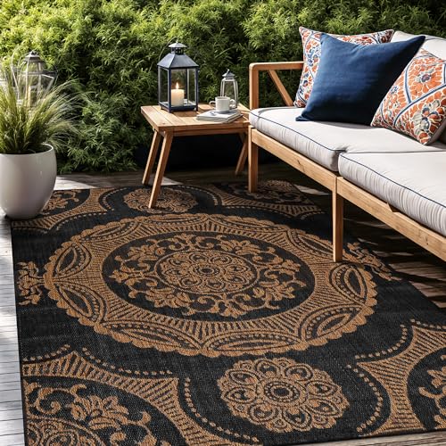 Medallion Outdoor Rug 6x9 Washable Outside Carpet for Indoor Patio Porch Waterproof Easy Cleaning Non Shedding Area Rugs Nut Brown 6 x 9