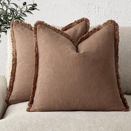 Decorative Linen Fringe Throw Pillow Covers 16×16 Inch (2 Count)