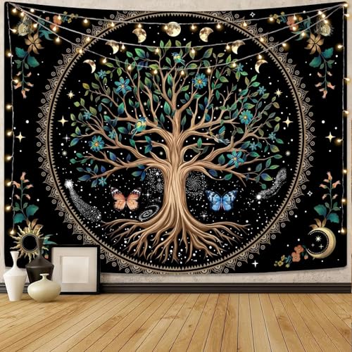 Tree of Life Tapastry Sun and Moon Tapastry Flower Boho Tree Mandala Wall Hanging for Bedroom and Living Room Decor Green Tree 70×90 Inches