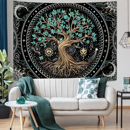 Tree of Life Tapastry Butterfly Moon Tapastry Flower Green Tree Tapestries Mandala Wall Hanging for Bedroom and Living Room Decor 60×80 Inches