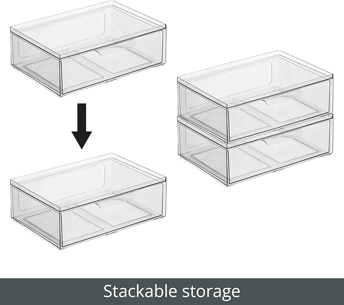 mDesign Plastic Wide Stackable Closet Storage Organizer Bin Containers with Front Pull Drawer for Cabinet, Desk, Shelf, Cupboard, or Dresser Organization, Lumiere Collection, 2 Pack - Clear