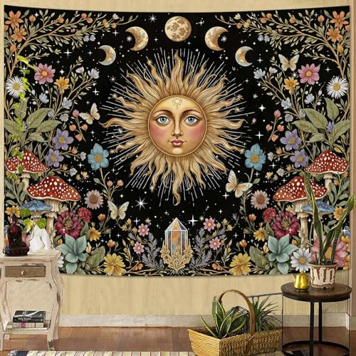 Boho Sun and Moon Tapestry Hippie Mushroom Floral Wall Tapestry for Bedroom Aesthetic Moon Phase Vintage Plant Celestial Large Tapestries Wall Hanging for Living Room Dorm 80 x 60 Inch