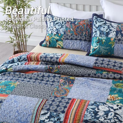 King Quilt Set Reversible Lightweight Bohemian Paisley Patchwork Cotton Quilted Bedspread Coverlet Set 3
