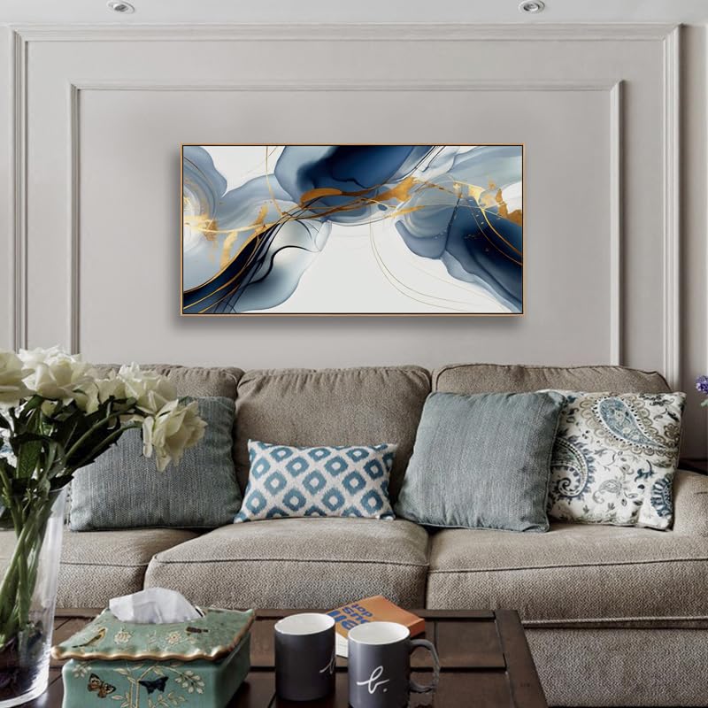 Wall Art Abstract Painting Modern Art Gold and Blue Background Canvas Prints Pictures for Living Room Bedroom Artwork Home Decor Framed 20x40inch
