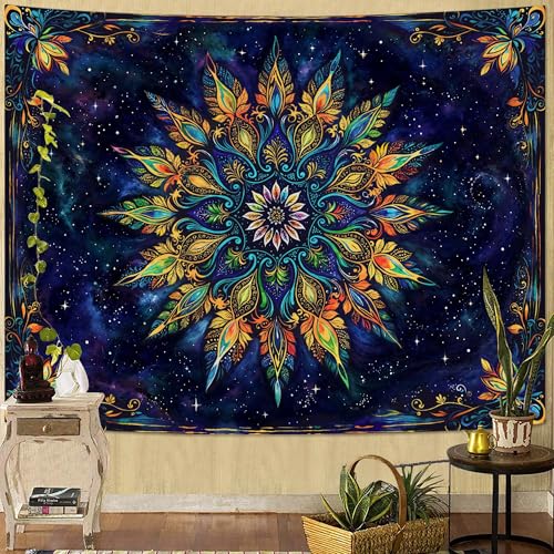 Boho Floral Mandala Tapestry for Bedroom Aesthetic Blue Bohemian Colorful Flower Wall Tapestry Purple Hippie Indian Small Tapestries Wall Hanging for Living Room Dorm Decor 48 x 36 Inch