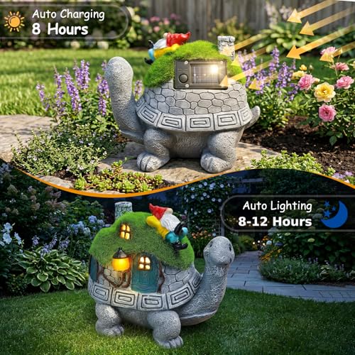 Solar Turtle Garden Statue Lights with Rooftop Lawn Gnome Solar Garden Decor for Outside Yard Balcony Patio Lawn Ornament Home Decor Gifts for Mom Grandma