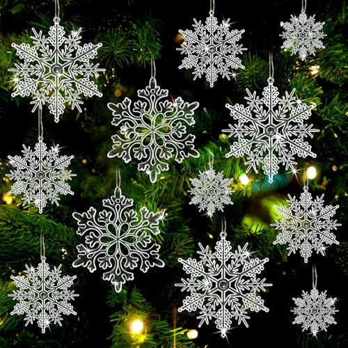 Christmas Tree Decorations Snowflake Ornaments 60Pcs Clear Plastic Hanging Snowflakes from Ceiling Snow Flakes Decorating Hanging for Winter Wonderland Decorations Indoor Outdoor Decor (60 Count)