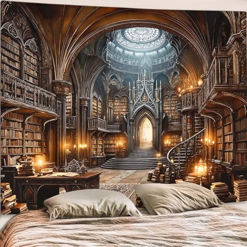 Gothic Library Tapestry Medieval Bookshelf Tapestries Wall Hanging Goth Vintage Dark Academia Hall Book Library Backdrop Large Tapestry for Bedroom Living Room Dorm Classroom 80 x 60 inch
