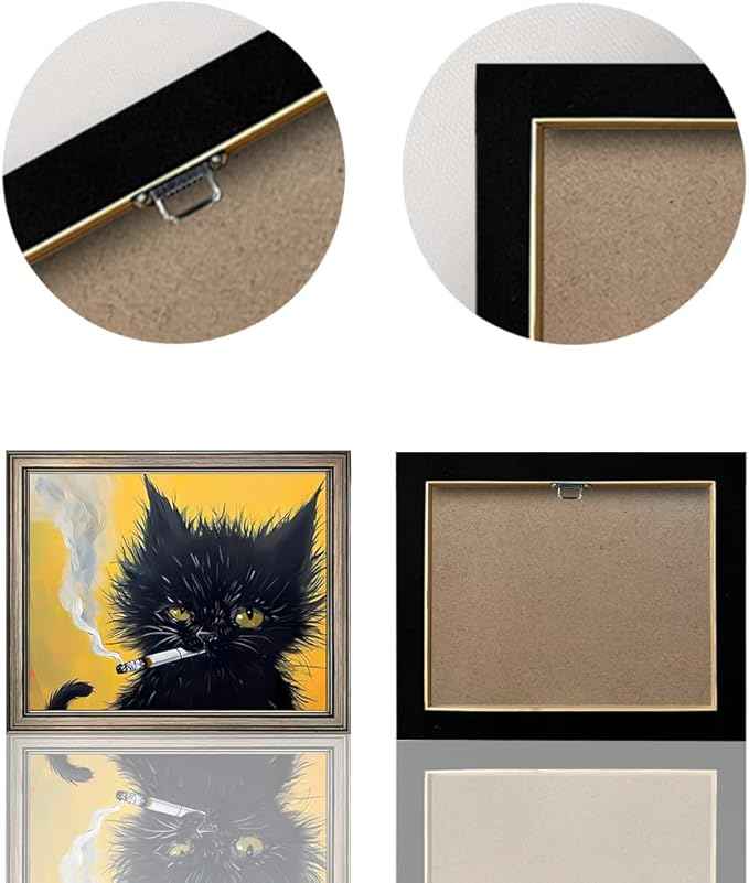 Vintage Framed Wall Decor Black Cat Painting Cat Portrait Wall Art Canvas Print Poster for Mens Room Bathroom Decor
