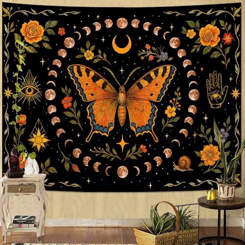 Moon Phase Butterfly Floral Wall Tapestry