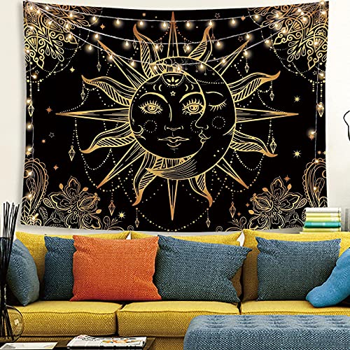 Hippie Sun and Moon Tapestry Bohemian Tapestry Aesthetic Cute Tapestries for Bedroom and Living Room Decor Sun 60×80 Inches