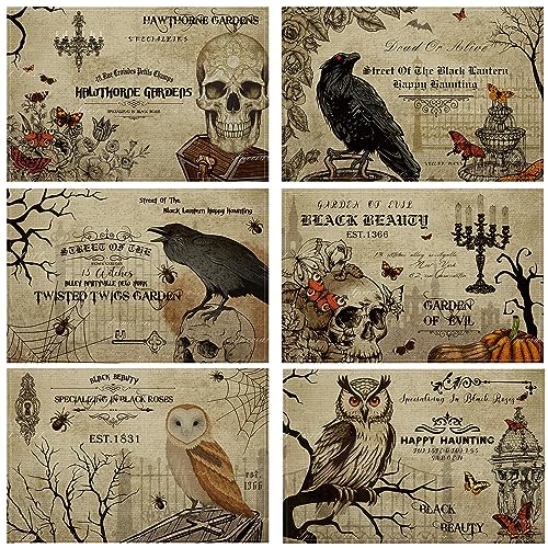 6 Pcs Halloween Placemats 12"x18" Gothic Bat Placemats Kitchen Decoration Washable Witch Place Mats Rectangle Skull Table Mats for Halloween Dining Table Accessories