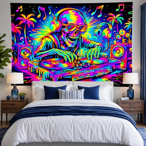 Blacklight Tapestry DJ Skeleton Wall Art 78 x 59 Inch