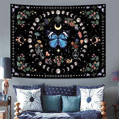 Blue Butterfly Moon Flower Tapestry Botanical Boho Plant Floral Wall Hanging for Bedroom and Living Room