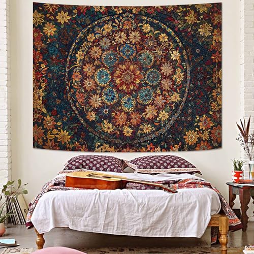 Boho Floral Mandala Tapestry Wall Hanging Vintage Bohemian Flower Medallion Tapestry Aesthetic Orange Stained Glass Hippie Tapestries for Bedroom Living Room Dorm Decor 60 x 44 Inch