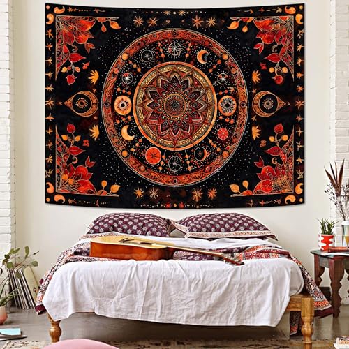 Mandala Moon and Stars Tapestry Boho Tapestry for Bedroom Black and Orange Tapestries Wall Hanging Living Room Wall Art and Home Decor 60x80