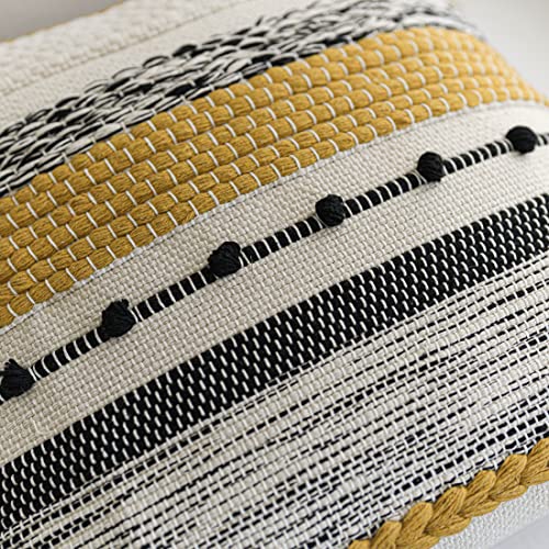 Boho Decorative Throw Pillow Cover 22x22 Square Yellow Mustard Accent Pillowcase Tassels Farmhouse Cushion for Couch Sofa Bedroom Living Room Home Décor Cover ONLY
