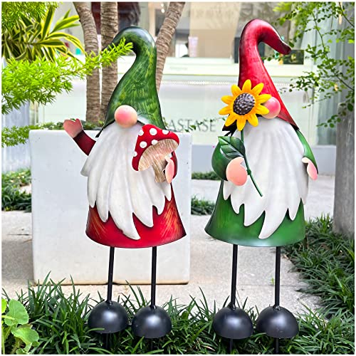 Metal Gnome Yard Art Outdoor Gnomes Garden Statue 18 Inch Gnome Figurine Decorative Stakes for Holiday Christmas Lawn Patio Yard Garden Decor (2 Count)