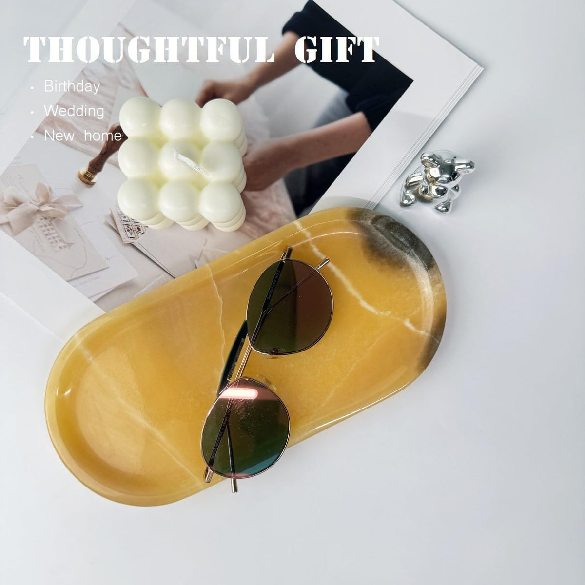 JINGJU Orange Jade Marble Oval Tray 10x5inches, Natural Stone Decorative Tray for Jewelry, Candle, Bathroom Counter, Coffee Table - HavenBliss Decor