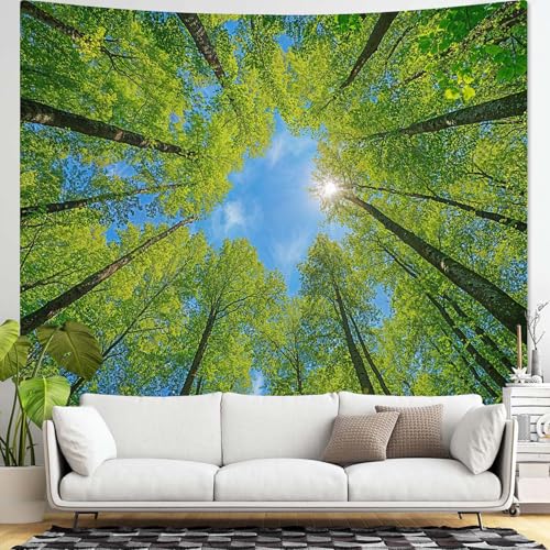 Nature Forest Tree Celling Tapestry Lush Green Treetops Sunlit Tapestry for Bedroom Aesthetic Sky Sunlight Canopy Leaves Landscape Tapestries Wall Hanging for Living Room Dorm Office 60 x 44 Inch