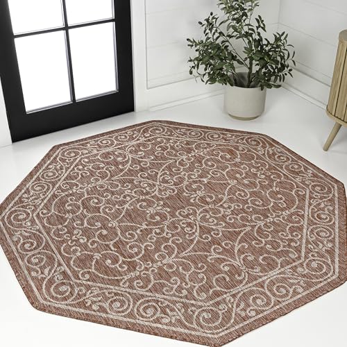 Vintage Filigree Indoor Outdoor Octagon Area Rug 8 Ft Red