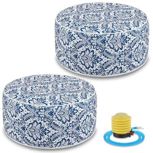 2 Pcs Inflatable Outdoor Ottoman Pouf Waterproof Round Footrest with Handle D21 x H9 Inch Indoor Outdoor Portable Footstool for Patio Garden Camping or Home Pool (2 Count)