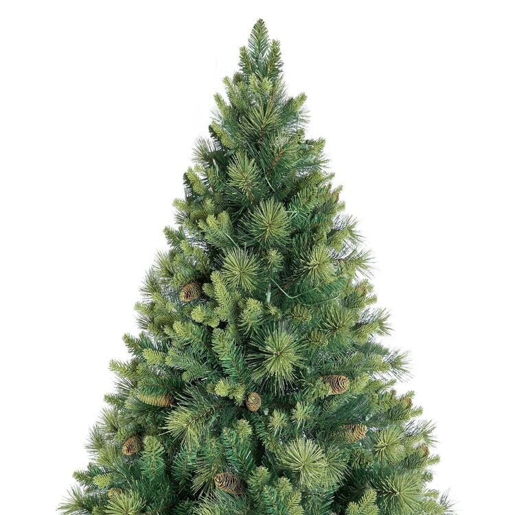 9ft Christmas Tree with Lights Realistic Traditional Christmas Tree Prelit with Pine Cones Foot Pedal 2294 Branch Tips 1050 Warm Lights and Metal Stand Aritificial